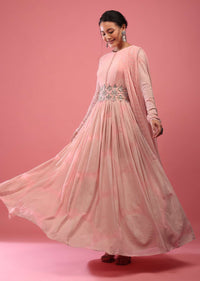 Candy Pink Anarkali Suit In Georgette With Attached Dupatta And Floral Embroidered Waistbelt