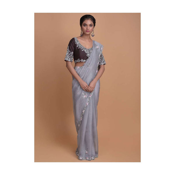 Dolphin Grey Saree In Organza With Embroidered Buttis And Border Online - Kalki Fashion