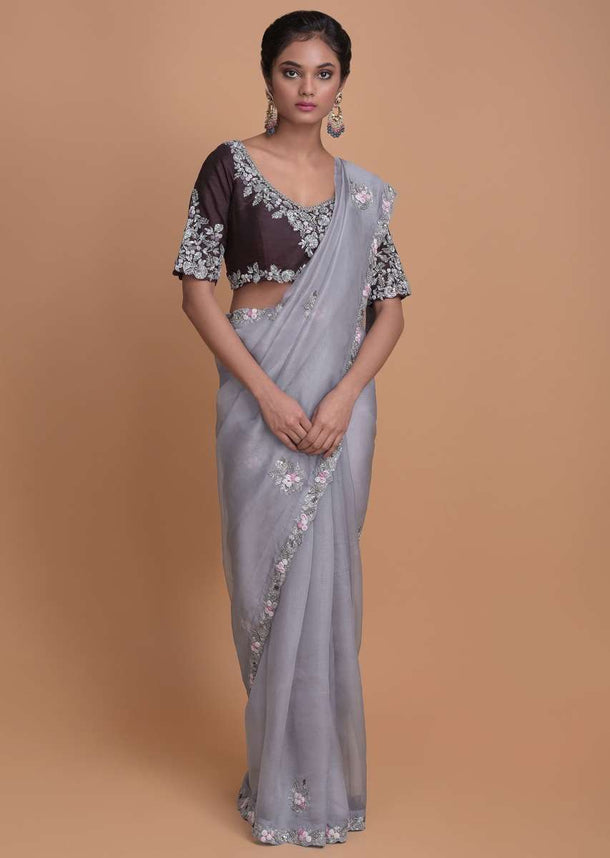 Dolphin Grey Saree In Organza With Embroidered Buttis And Border Online - Kalki Fashion