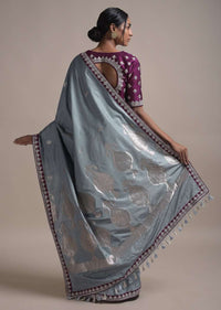 Dolphin Grey Saree In Silk With Weaved Floral Buttis And Gotta Embroidered Border Online - Kalki Fashion