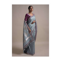 Dolphin Grey Saree In Silk With Weaved Floral Buttis And Gotta Embroidered Border Online - Kalki Fashion