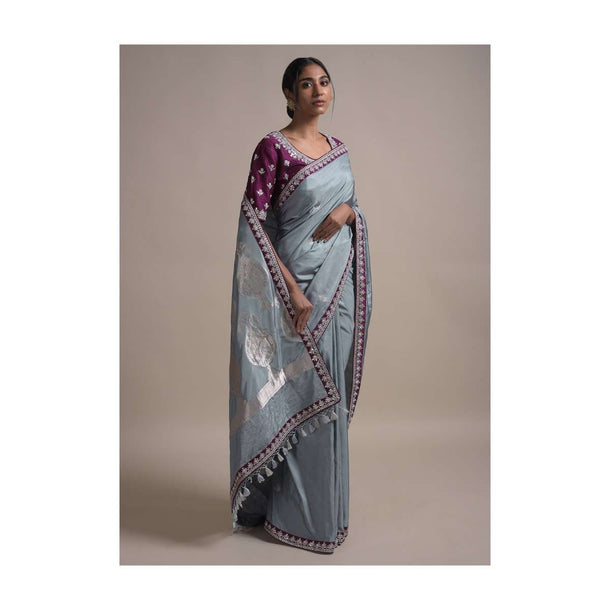 Dolphin Grey Saree In Silk With Weaved Floral Buttis And Gotta Embroidered Border Online - Kalki Fashion