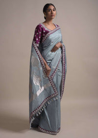 Dolphin Grey Saree In Silk With Weaved Floral Buttis And Gotta Embroidered Border Online - Kalki Fashion