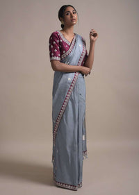 Dolphin Grey Saree In Silk With Weaved Floral Buttis And Gotta Embroidered Border Online - Kalki Fashion