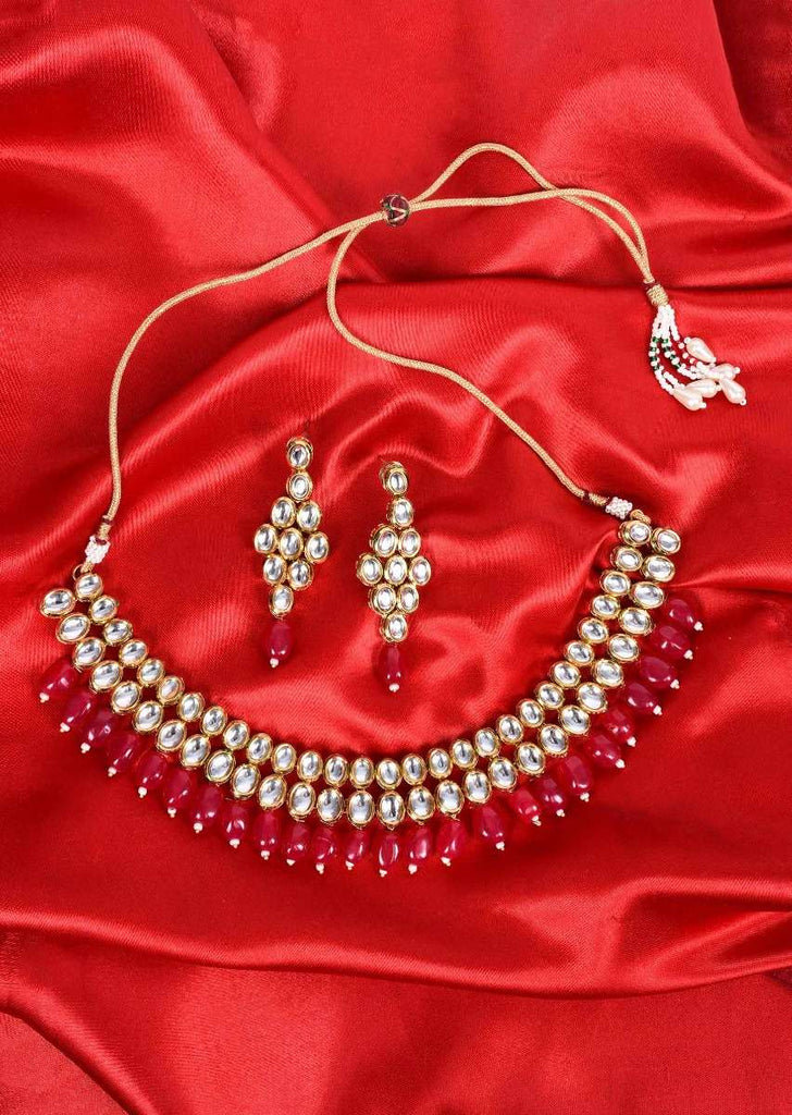 Double kundan layer round collar necklace with matching  earring in magenta bead drop only on Kalki