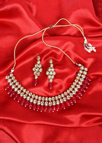 Double kundan layer round collar necklace with matching  earring in magenta bead drop only on Kalki