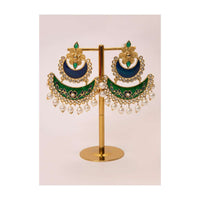 Double layer chandbali earring  with emerald green and persian blue semi precious stone