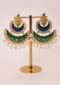 Double layer chandbali earring  with emerald green and persian blue semi precious stone