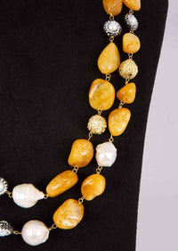 Double layer fancy necklace crafted in honey crystal beads, mother of pearls and metal beads only on Kalki