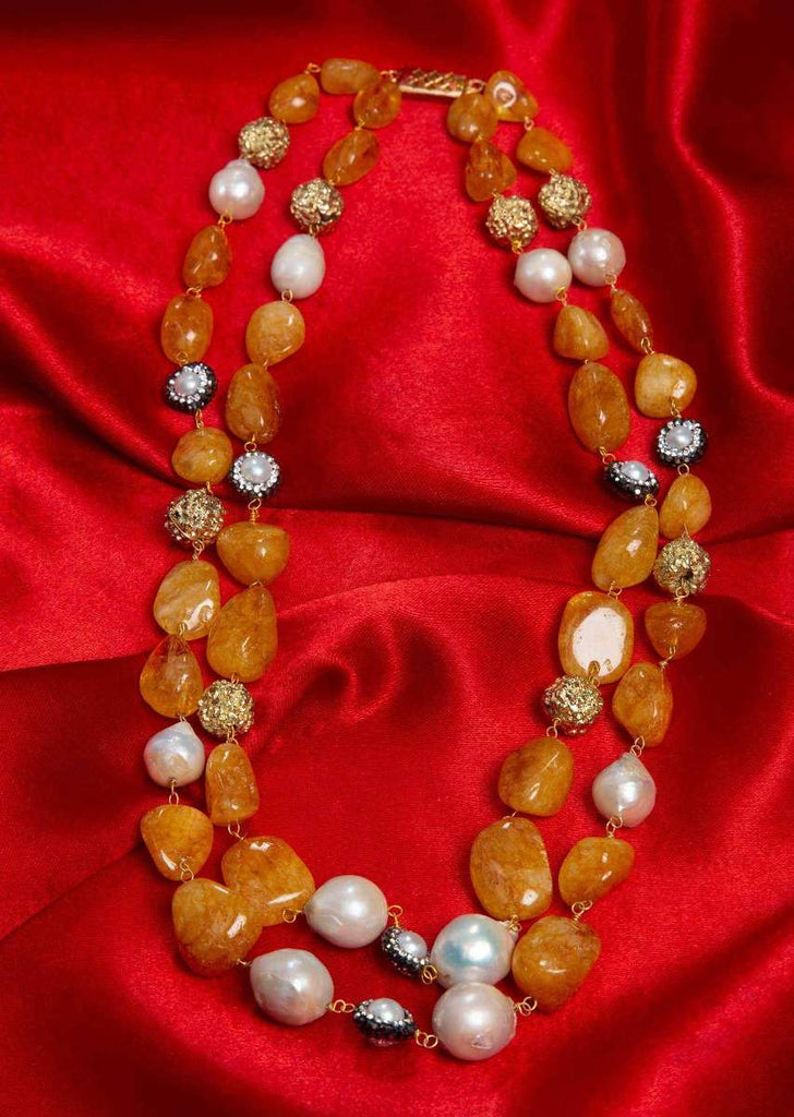 Double layer fancy necklace crafted in honey crystal beads, mother of pearls and metal beads only on Kalki