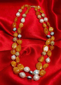 Double layer fancy necklace crafted in honey crystal beads, mother of pearls and metal beads only on Kalki