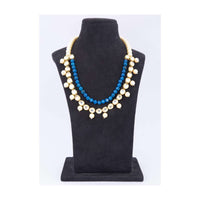 Double layer necklace adorn with cream pearls, kundan stone and round blue beads only on kalki