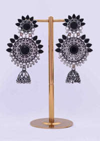 Double layer oxidized earring with black beads only on Kalki