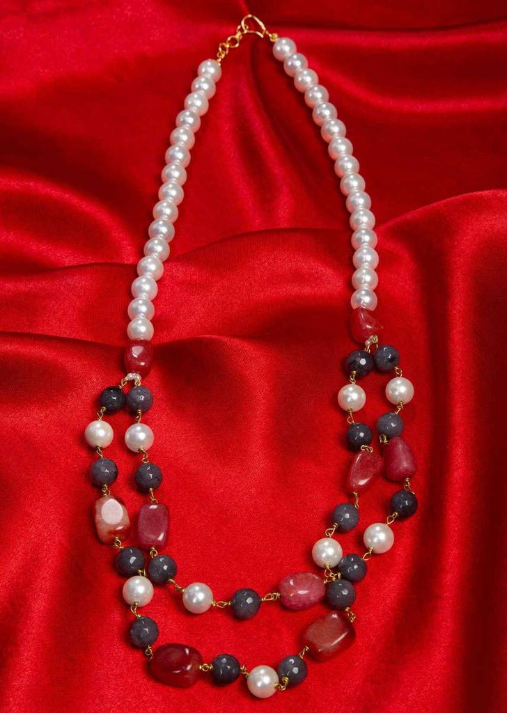 Double Layer Traditional Necklace In White Pearls, Grey Beads And Red Stones Online - Kalki Fashion