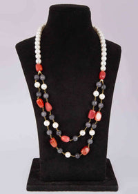 Double Layer Traditional Necklace In White Pearls, Grey Beads And Red Stones Online - Kalki Fashion