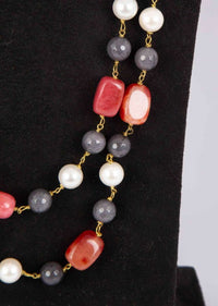 Double Layer Traditional Necklace In White Pearls, Grey Beads And Red Stones Online - Kalki Fashion