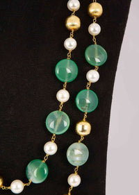 Double layer  white pearl necklace with emerald green flat bead only on Kalki