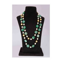 Double layer  white pearl necklace with emerald green flat bead only on Kalki
