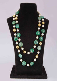 Double layer  white pearl necklace with emerald green flat bead only on Kalki