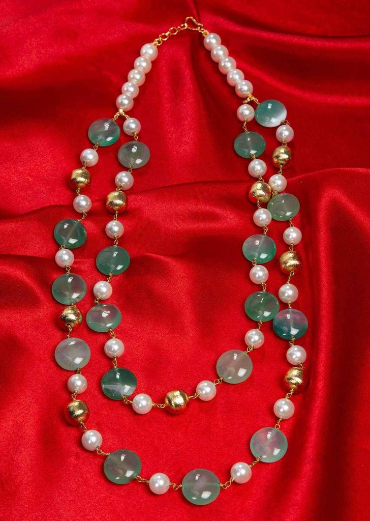 Double layer  white pearl necklace with emerald green flat bead only on Kalki