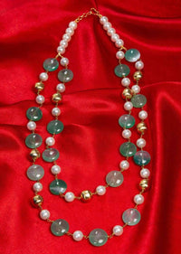 Double layer  white pearl necklace with emerald green flat bead only on Kalki