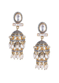 Double Layered Gold Plated Jhumkas With Kundan, Stones And Beads Work Online - Kalki Fashion