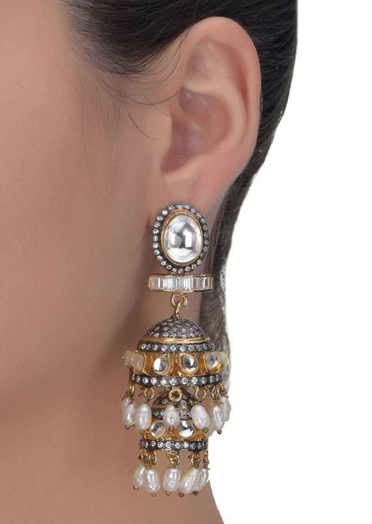 Double Layered Gold Plated Jhumkas With Kundan, Stones And Beads Work Online - Kalki Fashion