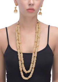 Double Layered Pearl Necklace With Carved Beads And Matching Jhumkas Online - Kalki Fashion