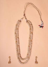 Double Layered Pearl Necklace With Carved Beads And Matching Jhumkas Online - Kalki Fashion