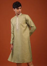 Moss Green Floral Thread Weave Silk Kurta Set
