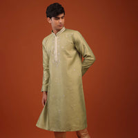 Moss Green Floral Thread Weave Silk Kurta Set