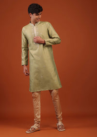 Moss Green Floral Thread Weave Silk Kurta Set