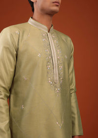Moss Green Floral Thread Weave Silk Kurta Set