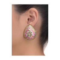 Drop Shaped Stud Earrings With Kundan And Floral Mina Work Online - Kalki Fashion