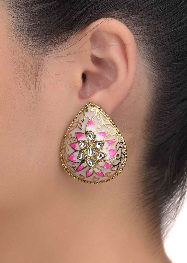 Drop Shaped Stud Earrings With Kundan And Floral Mina Work Online - Kalki Fashion