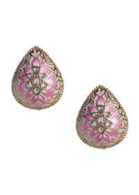 Drop Shaped Stud Earrings With Kundan And Floral Mina Work Online - Kalki Fashion