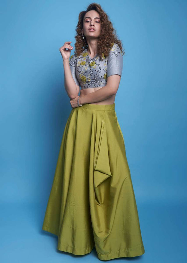 Lime Green Skirt With Cowl Drape And Grey Raw Silk Embroidered Crop Top Online - Kalki Fashion