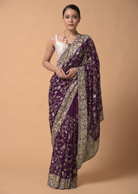 Plum Purple Saree In Georgette With Resham Embroidered Floral Jaal Work Online - Kalki Fashion