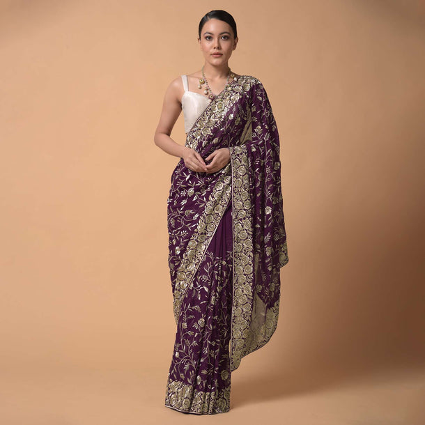 Plum Purple Saree In Georgette With Resham Embroidered Floral Jaal Work Online - Kalki Fashion