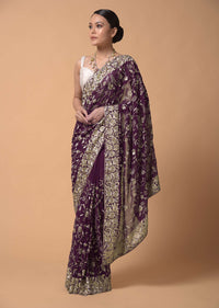 Plum Purple Saree In Georgette With Resham Embroidered Floral Jaal Work Online - Kalki Fashion