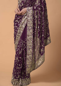 Plum Purple Saree In Georgette With Resham Embroidered Floral Jaal Work Online - Kalki Fashion