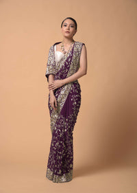 Plum Purple Saree In Georgette With Resham Embroidered Floral Jaal Work Online - Kalki Fashion