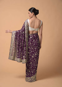 Plum Purple Saree In Georgette With Resham Embroidered Floral Jaal Work Online - Kalki Fashion