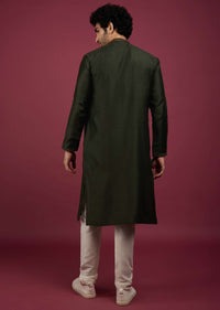 Bottle Green Silk Kurta Set In Leather Work On Yoke