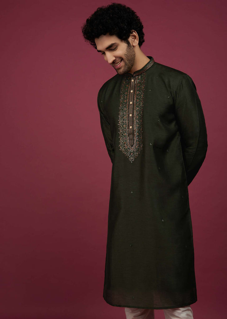 Bottle Green Silk Kurta Set In Leather Work On Yoke