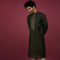 Bottle Green Silk Kurta Set In Leather Work On Yoke