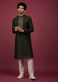 Bottle Green Silk Kurta Set In Leather Work On Yoke