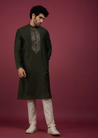 Bottle Green Silk Kurta Set In Leather Work On Yoke