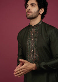 Bottle Green Silk Kurta Set In Leather Work On Yoke