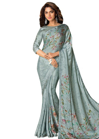 Dull grey saree in satin with self and digital print